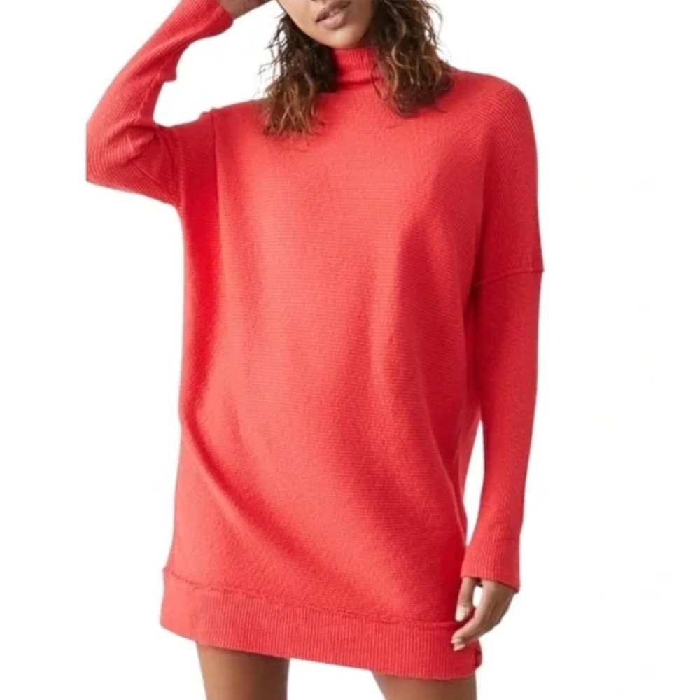 Free People We the Free Casey Fiery Red Ribbed‎ Mock Neck Tunic or Mini Dress L